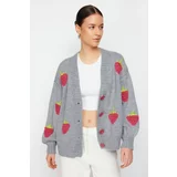 Trendyol Gray Soft Textured Strawberry Embroidered Knitwear Cardigan