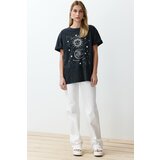 Trendyol Black Oversize/Wide Fit Galaxy Print Washed Knitted T-Shirt cene