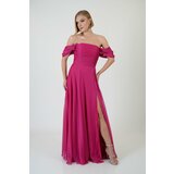 Carmen Fuchsia Low Sleeve Slit Chiffon Evening Dress cene