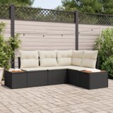 vidaXL 4-delni vrtni kavč set z blazinami Črn poli rattan akacija | Shoptok.si