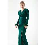 Lafaba Women's Emerald Green Double Breasted Neck Sleeves Feather Slit Evening Dress Cene
