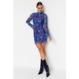 Trendyol Purple Stand-Up Collar Printed Mini Knitted Dress with Frill Trim Fitted/Sticky Mattress Cene