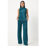 Happiness İstanbul Women's Dark Green Pleated Sleeveless Knitted Blouse Palazzo Pants Set | Eponuda.ba