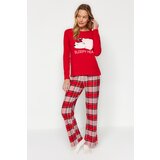 Trendyol Red Teddy Bear Printed Tshirt-Pants and Knitted Pajamas Set Cene