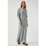 Happiness İstanbul Women's Gray Zippered Collar Ribbed Long Knitwear Dress