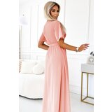 numoco basic 545-4 Long dress with pleated neckline and tie - peach color | Shoptok.si