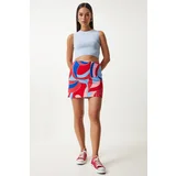 Happiness İstanbul Women's Red Blue Patterned Mini Knitted Skirt