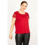 Şans Women's Red Plus Size Cotton Fabric Lace Detail Blouse Cene