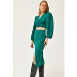 Olalook Women's Petrol Green Slit Skirt Knitted Suit