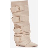 Boto Women's High Heel Boots with Turned-up Shaft and Golden Buckles Light Beige Isavelle | ePonuda.com