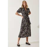  Women's Black Beige Patterned Belted Summer Shirt Dress Cene