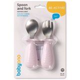 BabyOno Set žlica i vilica od čelika i slikona s graničnikom 12m+, roza | shoptok.hr