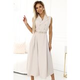 numoco basic 596-1 Elegant midi shirt dress with gold buttons and belt - beige | Shoptok.si