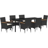 vidaXL 7-delni vrtnarski jedilni set z blazinami Črn Poli Ratan, vrtnarska miza Črna 200x80x73 cm kaljeno steklo | Shoptok.si
