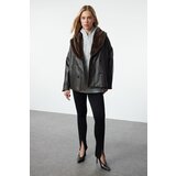Trendyol Dark Brown Oversize Faux Leather Coat with Fur Detail on Collar | Shoptok.si