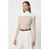 Happiness İstanbul Women's Ecru Biscuit Turtleneck Striped Seasonal Knitwear Sweater