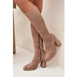 Boto Women's Boots with Stitching on Block Heel Beige Brivana | shoptok.hr