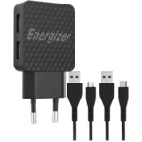 Energizer Punjač sa kablovima micro USB i USB tip-C, 2xUSB, Crni | ePonuda.com