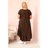 Kesi Włoski Plus size women's dress with short sleeves and ruffle made of light viscose brown | Shoptok.si