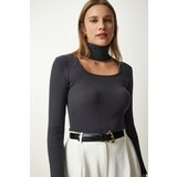 Happiness İstanbul Women's Anthracite Cut Out Detailed Turtleneck Ribbed Knitted Blouse Cene
