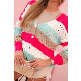 Kesi Włoski Women's striped openwork sweater with V-neck fuchsia + fango | shoptok.hr