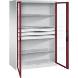 C+P Omara s krilnimi vrati z akrilnim steklom, VxŠxG 1950 x 1200 x 600 mm, 3 police, 3 predali, svetlo sive / rubinasto rdeče barve | Shoptok.si