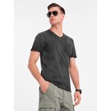 Ombre Men's cotton knit V-neck t-shirt with wash effect - black | Shoptok.si