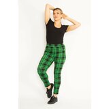 Şans Women's Plus Size Green Checkered Leggings With Zippered Ornamental Pockets Cene