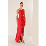 By Saygı One-Shoulder Decollete Decollete Chain Satin Evening Dress Red Cene