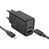 polnilec N63 GaN PD 30W USB-A, Type C s kablom Type C na Lightning za iPhone - črn