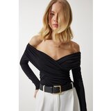 Women's Black Gathered Open Shoulder Sandy Knitted Blouse | shoptok.hr