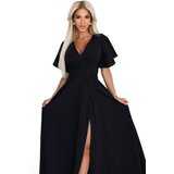Numoco 581-7 JENNIFER długa suknia z rozcięciem na nogę, rękawkiem i dekoltem - czarna | shoptok.hr
