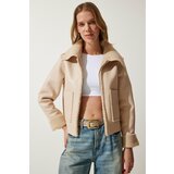 Happiness İstanbul Women's Cream Fur Collar Wide Pocket Faux Leather Jacket cene
