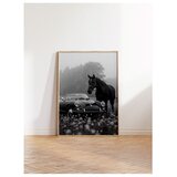 Wallxpert uramljena slika 115225, crni konj i klasični kabriolet u magli, crno-belo, 30 x 40 cm, ram u boji prirodnog drveta Cene