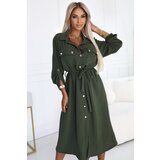 numoco basic 531-5 Midi Shirt Dress with Gold Buttons and Tie - KHAKI | Shoptok.si