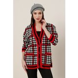 By Saygı Checked Patterned Acrylic Cardigan with Pockets Red Cene