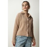  Women's Beige Stylish Buttoned Bearded Knitwear Cardigan Cene