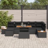 vidaXL 8-delna vrtna jedilna garnitura z blazinami črna poli ratan akacija | Shoptok.si