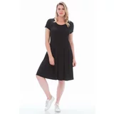 Şans Women's Plus Size Black Viscose Fabric Pleat Detailed Short Sleeve Dress