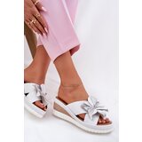 ARTIKER Leather Women's Slippers On Wedge With Decorative Flower White-Silver | Shoptok.si