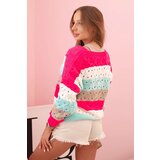 Kesi Włoski Women's striped openwork sweater with V-neck fuchsia + fango | shoptok.hr