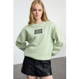 Trendyol Mint Thick Fleece Slogan Embroidered Relaxed/Comfortable Pattern Knitted Sweatshirt Cene