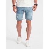 Ombre Men's denim short shorts with holes - light blue cene