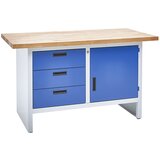 eurokraft basic Delovna miza z zaprtimi stranicami, 3 predali, 1 vrata, širina 1500 mm, svetlo sive / encijan modre barve | Shoptok.si