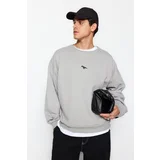 Trendyol Gray Men's Men's Oversize Crew Neck Fleece Dinosaur Embroidered Sweatshirt