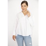 Şans Women's Plus Size White Front Concealed Pat Length Buttoned Sleeves Ribbed Stitch Detail Shirt cene