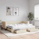 vidaXL Izvlečna dnevna postelja s predali krem 100x200 cm blago | Shoptok.si