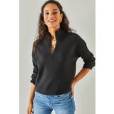 Olalook Women's Black Zippered Stand-Up Collar Sharding Sweater