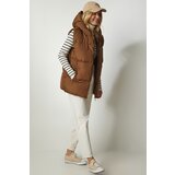 Happiness İstanbul Women's Tan Oversize Long Inflatable Vest with a Hooded Cene