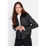 Trendyol Black Collar Plush Detailed Faux Leather Coat Cene